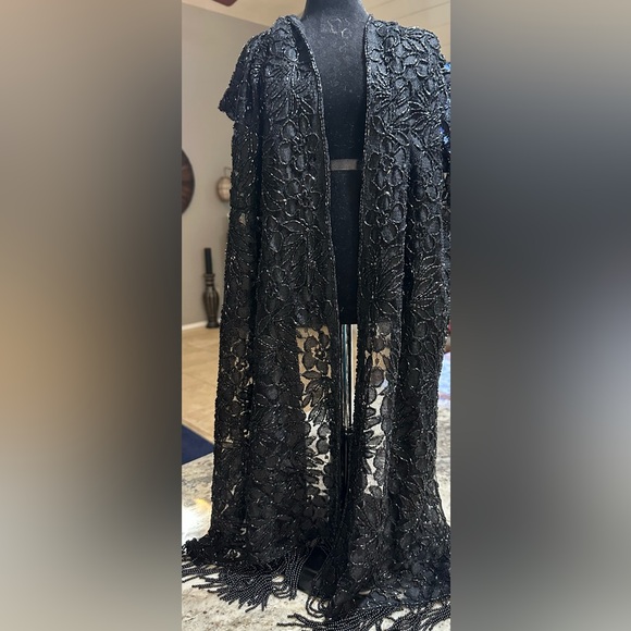 Vtg Heavy Black Beaded Shawl Scarf Flower Design 66”x19” EUC Holiday Formal